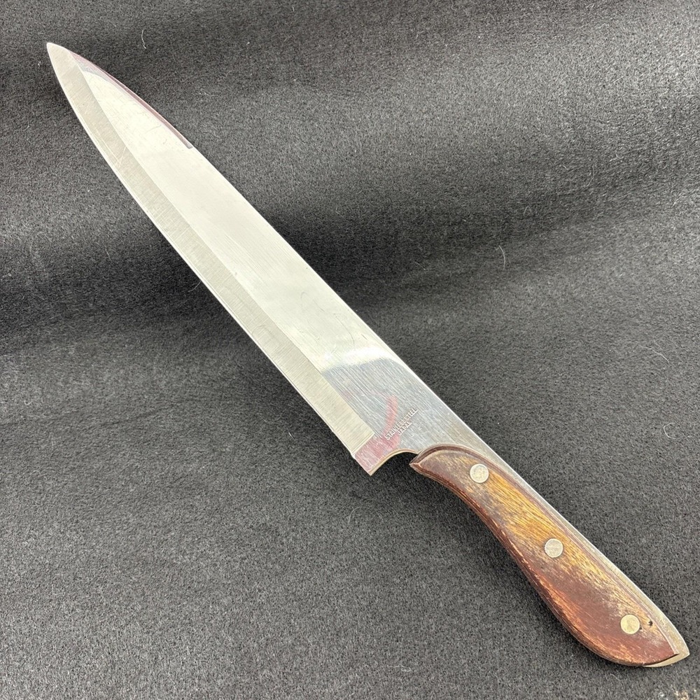 Vintage Full Extended Tang Chef's Knife‎ Japan Stainless Steel Wood Handle 14in